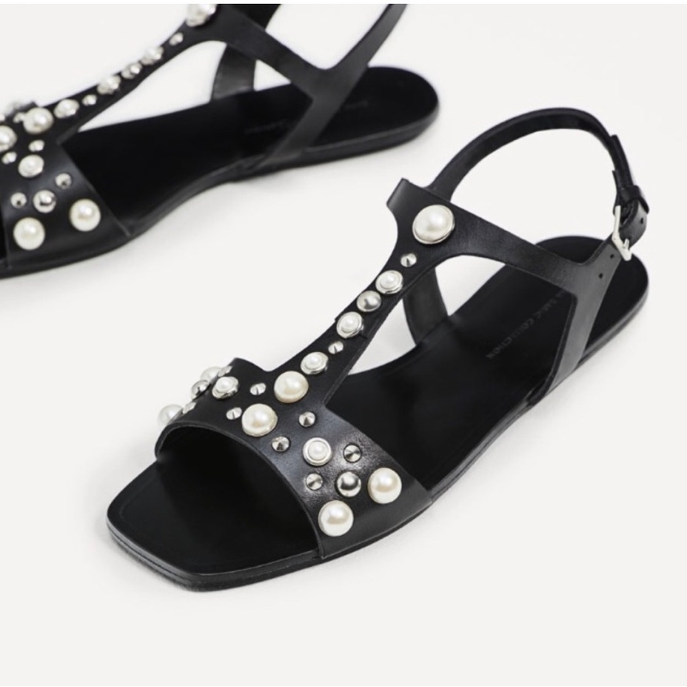 ZARA black leather sandals with Pearls & Studs